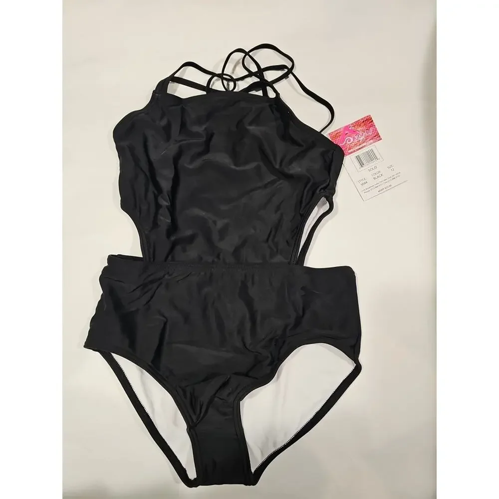 Kanu Surf Girls Beach Girl Sport Cut-Out one Piece Swimsuit Black, 12